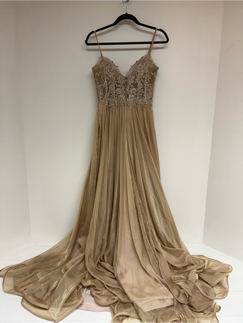 La Femme Gold Embroidered Tulle Gown